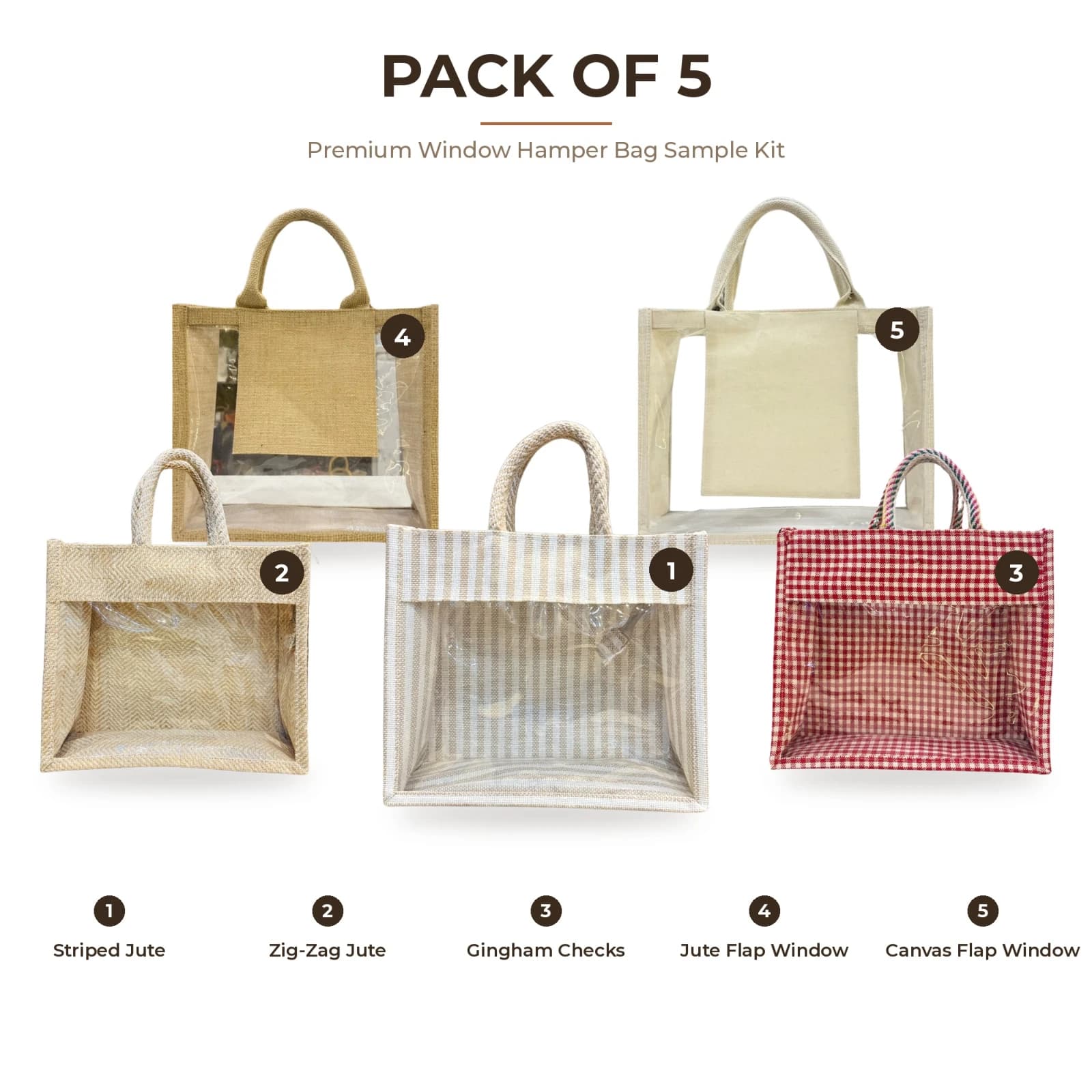 Premium Window Hamper Bag Sample Kit – 5 Jute & Canvas Gift Bags with Clear Window