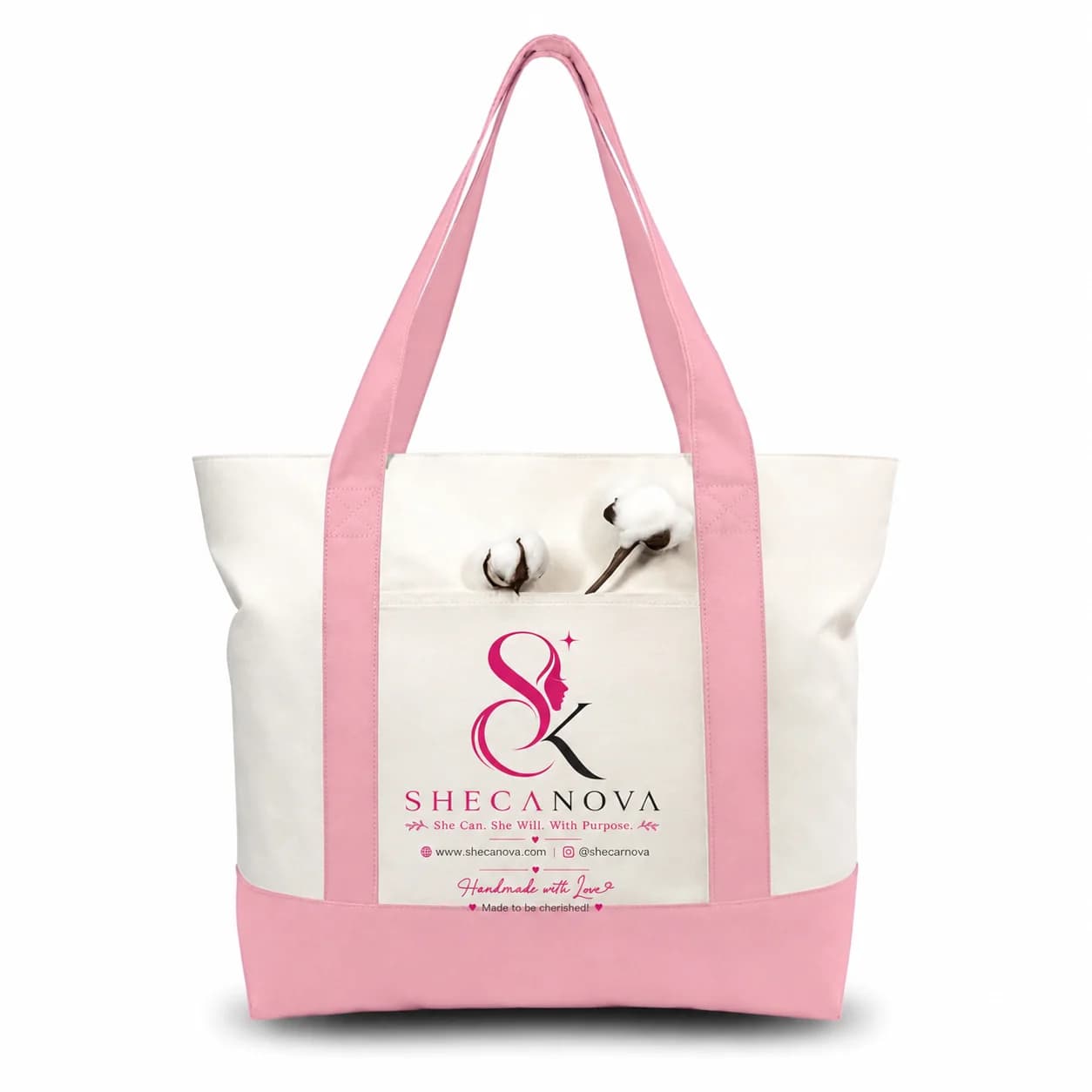 Pink and Beige Large Canvas Tote Bag | 19" x 15" x 6"