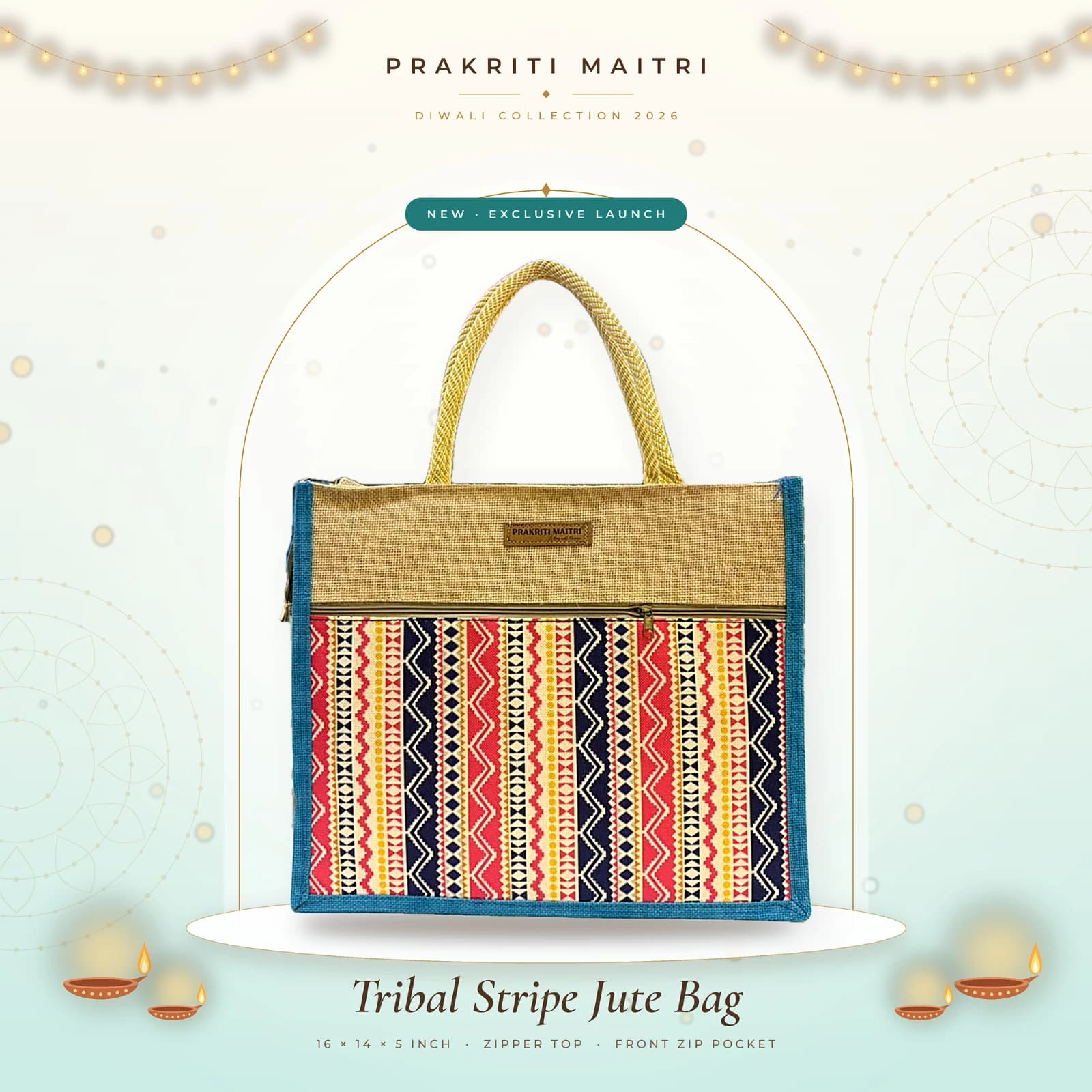 Tribal Stripe Printed Jute Bag with Zipper & Front Pocket – 14 x 16 x 5 Inch