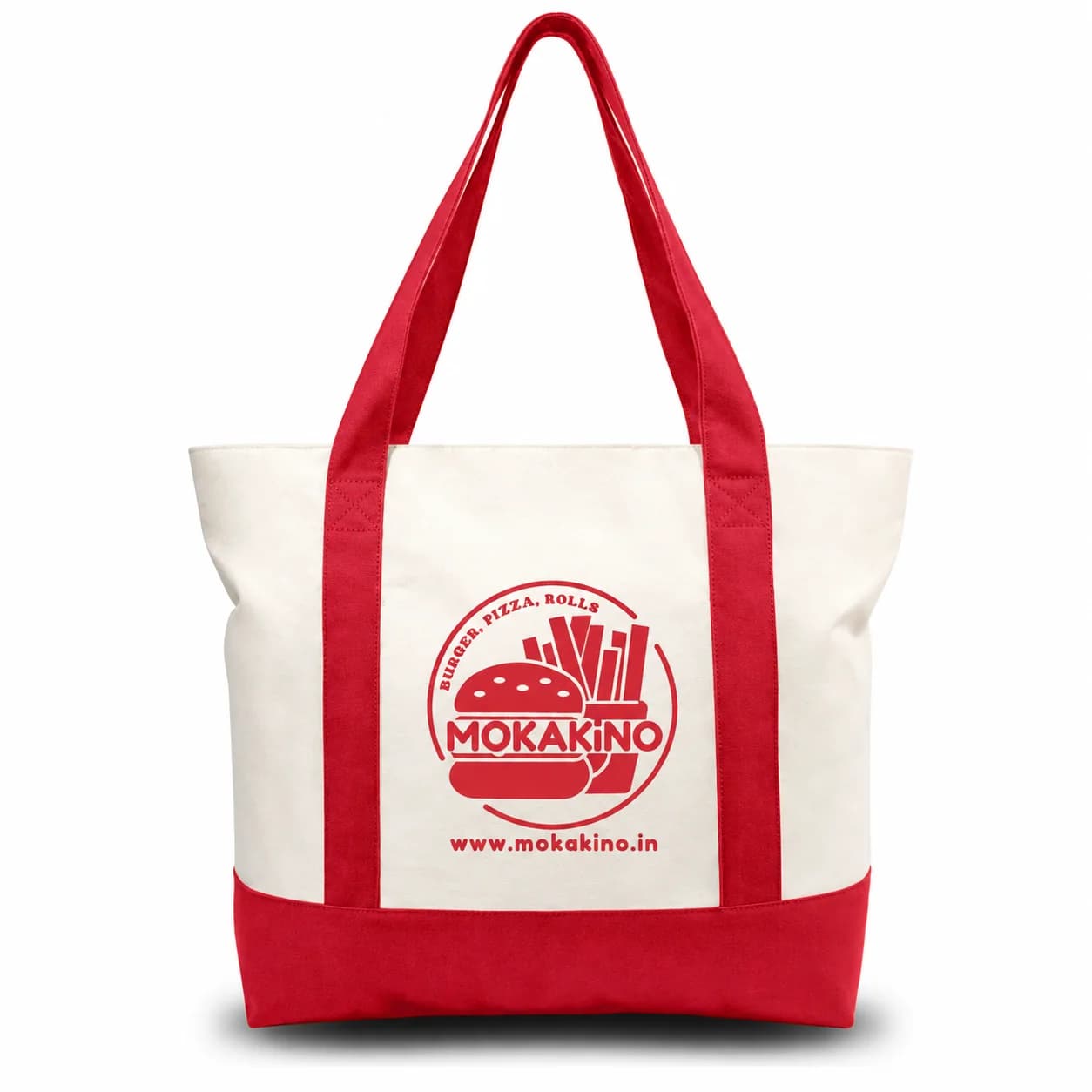 Red and Beige Large Canvas Tote Bag | 19" x 15" x 6"