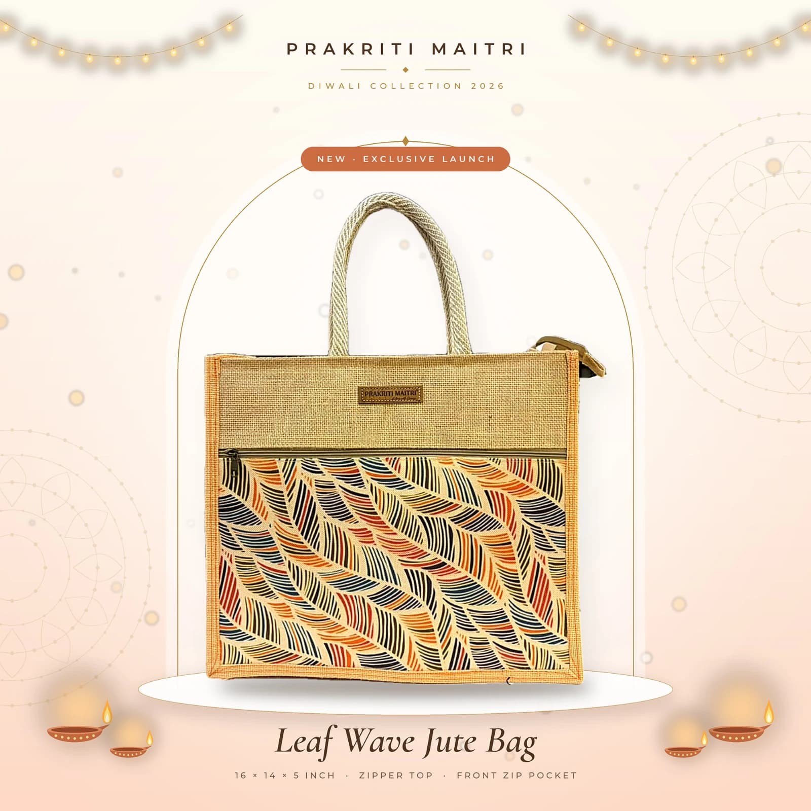 Leaf Wave Printed Jute Bag with Zipper & Front Pocket – 14 x 16 x 5 Inch