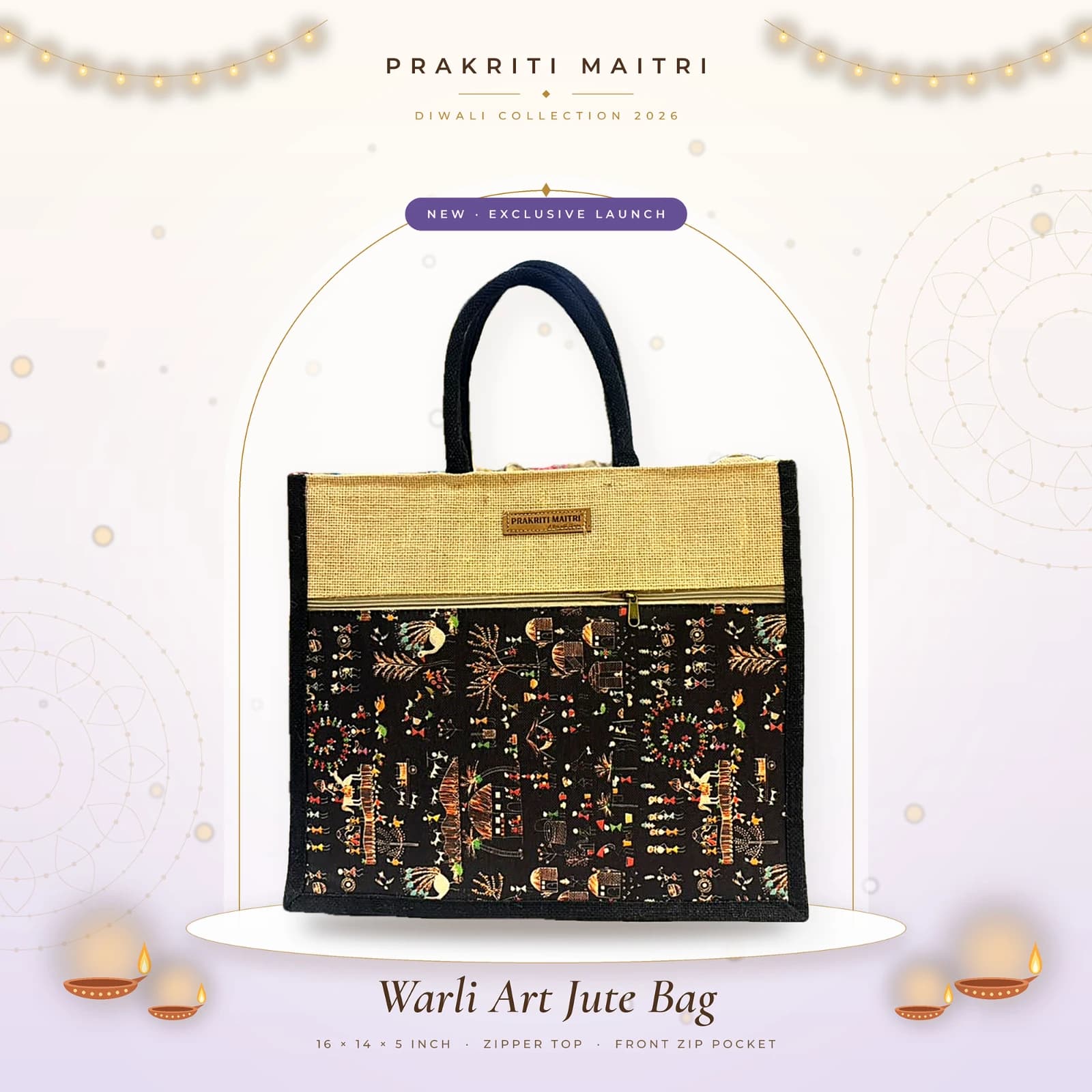 Warli Art Printed Jute Bag with Zipper & Front Pocket – 14 x 16 x 5 Inch