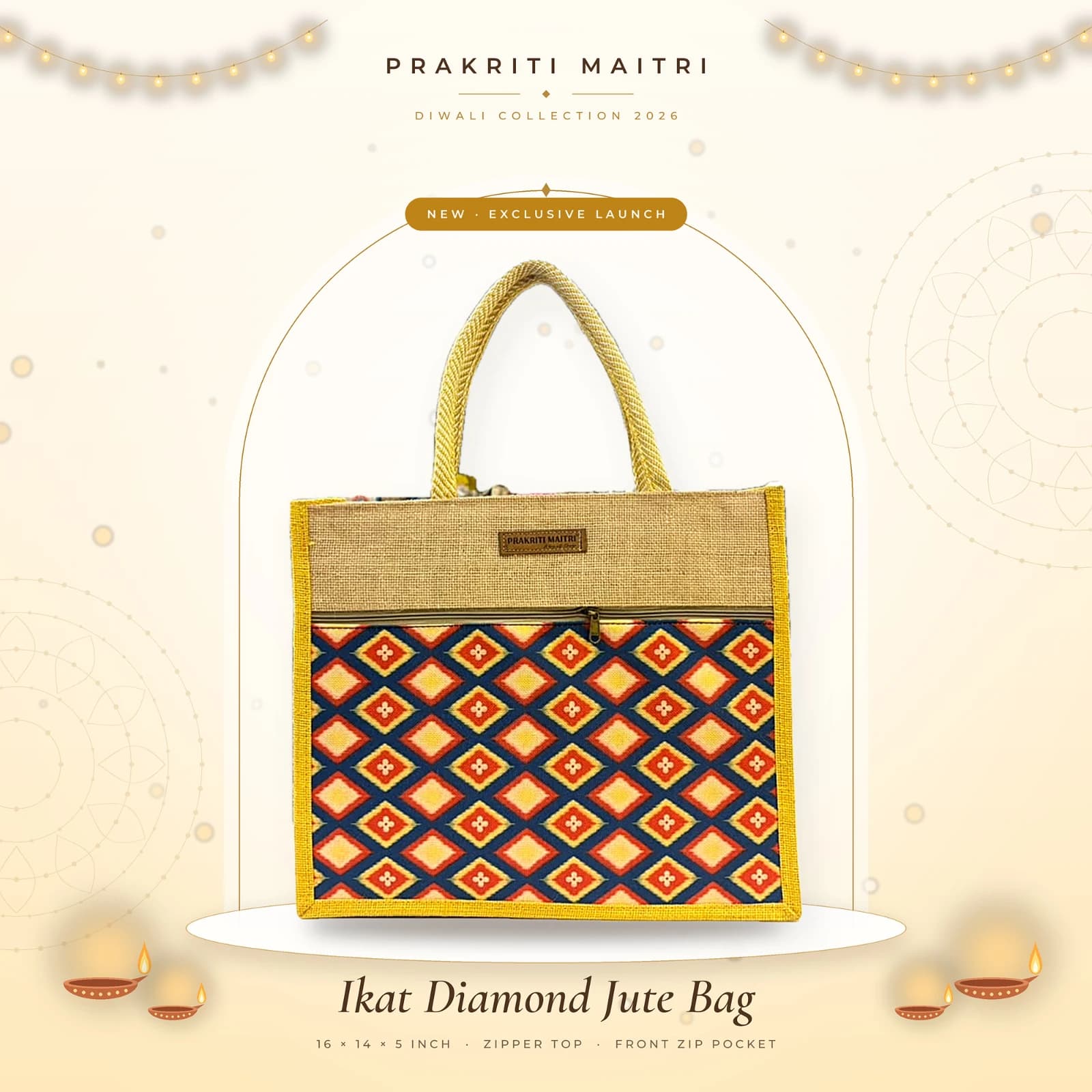 Ikat Diamond Printed Jute Bag with Zipper & Front Pocket – 14 x 16 x 5 Inch