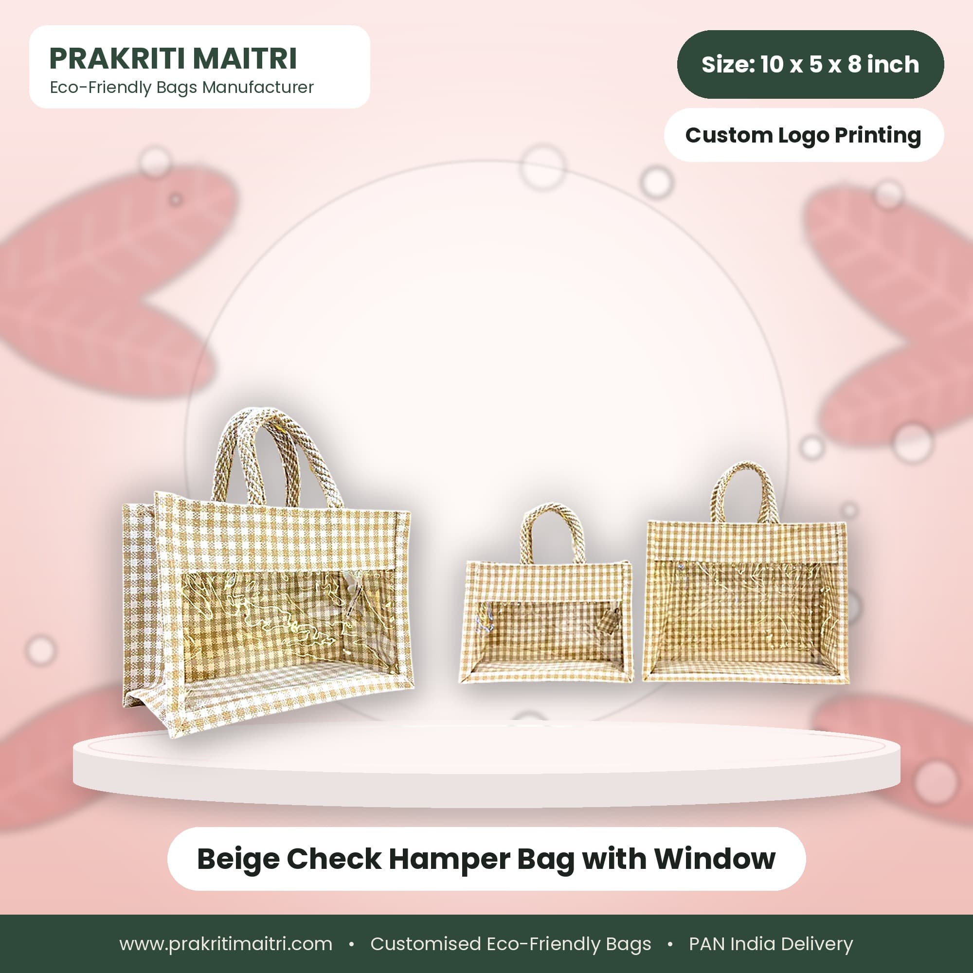 Beige Check Hamper Bag with Window