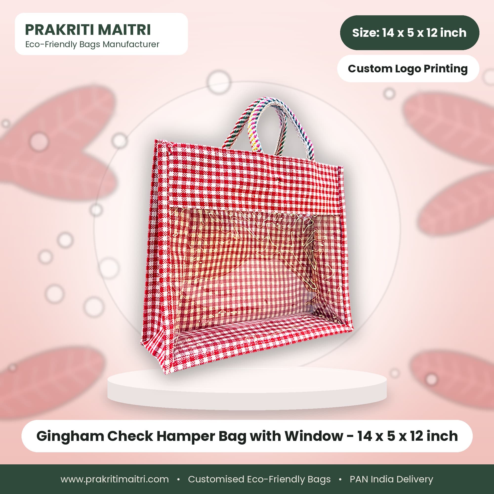 Gingham Check Hamper Bag with Window - 14 x 5 x 12 inch