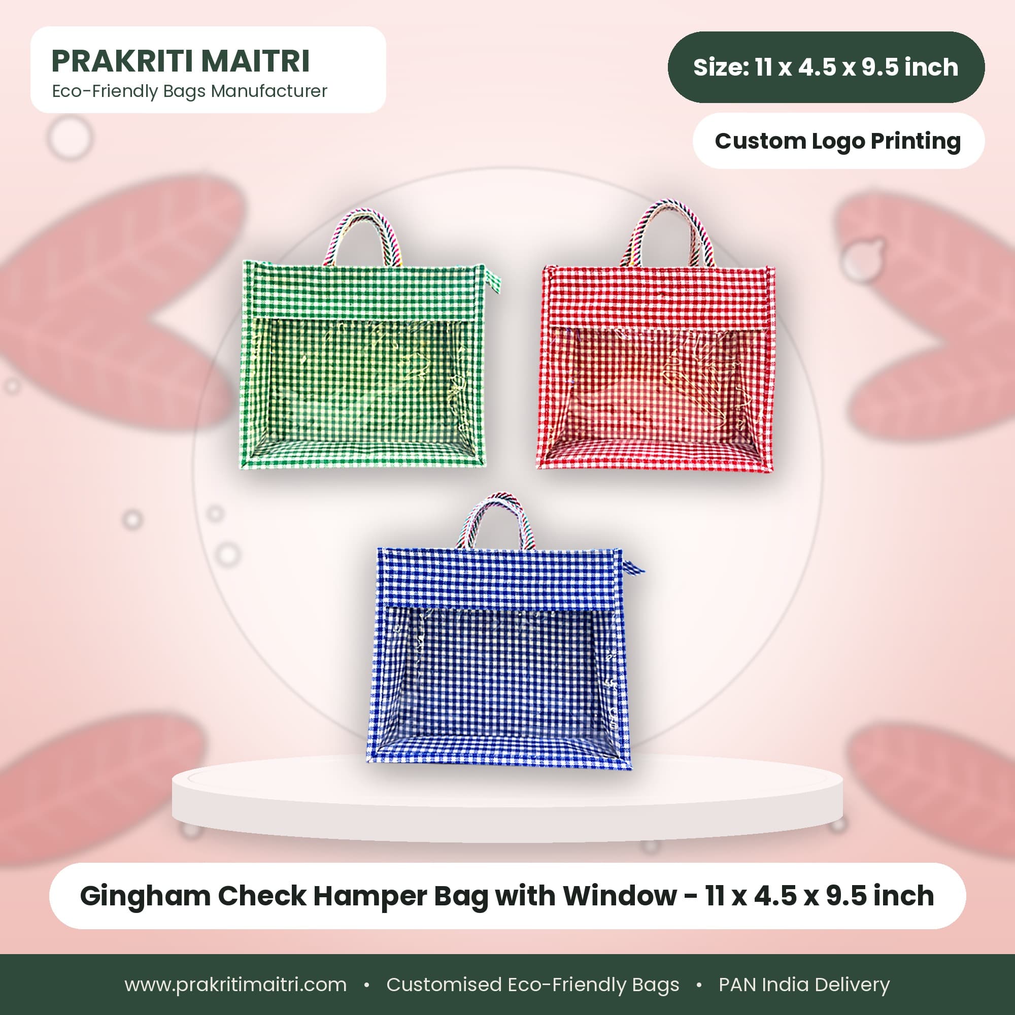 Gingham Check Hamper Bag with Window - 11 x 4.5 x 9.5 inch