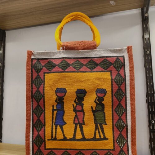 Traditional Tribal Art Print Jute Bags for Lunch box | 100% Eco-friendly Jute Bags for Return Gifts | Orange