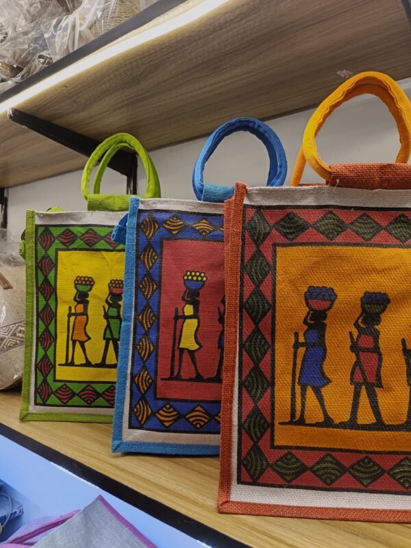 Traditional Tribal Art Print Jute Bags for Lunch box | 100% Eco-friendly Jute Bags for Return Gifts | Blue