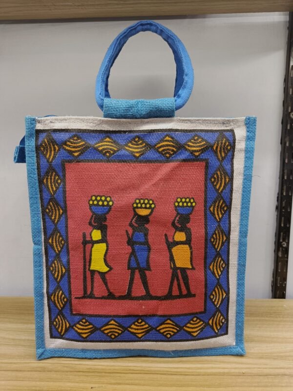 Traditional Tribal Art Print Jute Bags for Lunch box | 100% Eco-friendly Jute Bags for Return Gifts | Blue