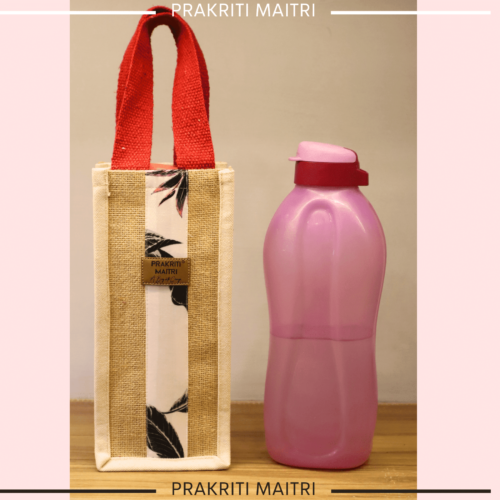 Water Bottle Bag in Jute and Canvas with Long Handles | Wine Bottle Bag | White Floral shade